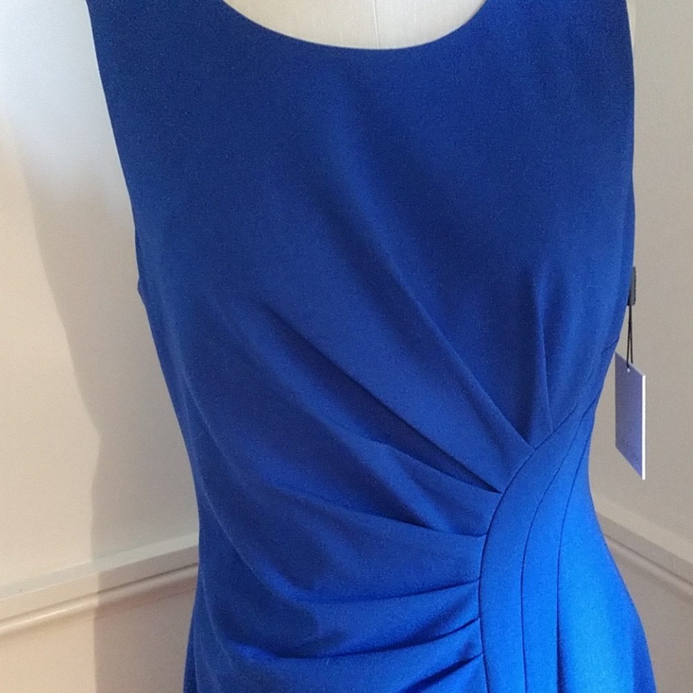 #6 Designer CALVIN KLEIN Flattering Faux Wrap Saphire Blue Sheath Knit Dress NWT